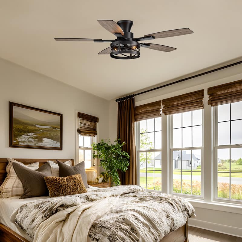 52 Inch Farmhouse Ceiling Fan with Light and Remote Black Industrial Caged Ceiling Fans for Living room - 52 in.