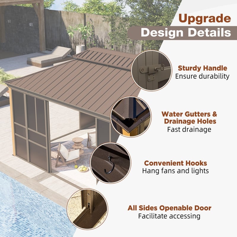 Outdoor Hardtop Sunroom Gazebo with Double Roof & Sliding Doors, All-Season Aluminum Outdoor Pergola, PE Screens&Lockable Design