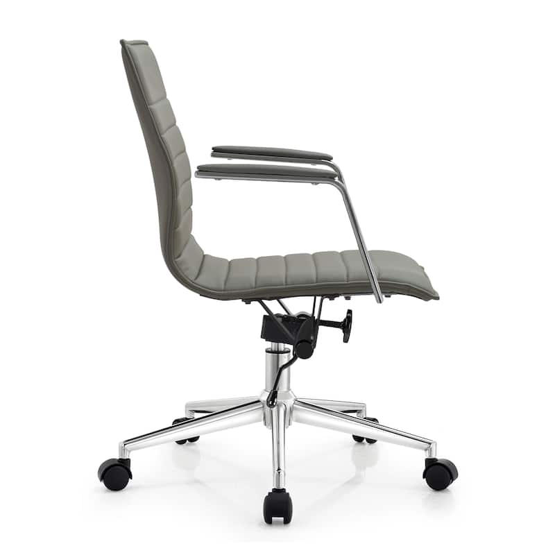 Modern Office Desk Chair | Upholstered PU Leather Ribbed Mid Back with Metal Frame | Adjustable Height, Tilt Lock