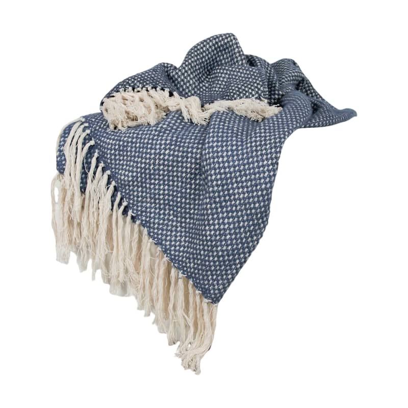 HomeRoots 50" X 60" Navy and Ivory Woven Cotton Polka Dots Throw Blanket with Tassels