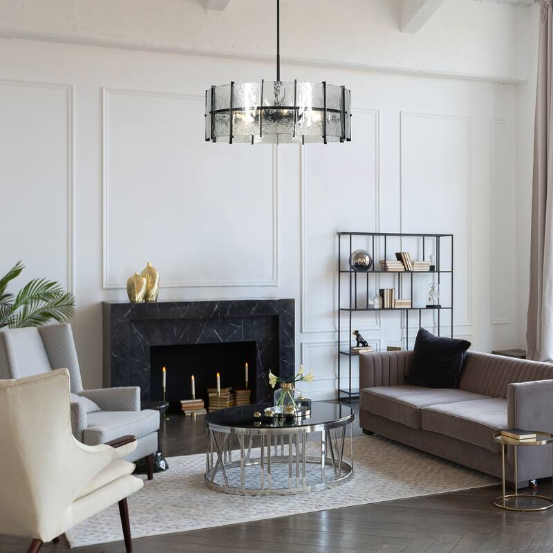 Modern 8-Light Drum Chandelier with Textured Glass Shade For Living Dining Room Foyer - Gray - Dia. 31.5" x H 11"