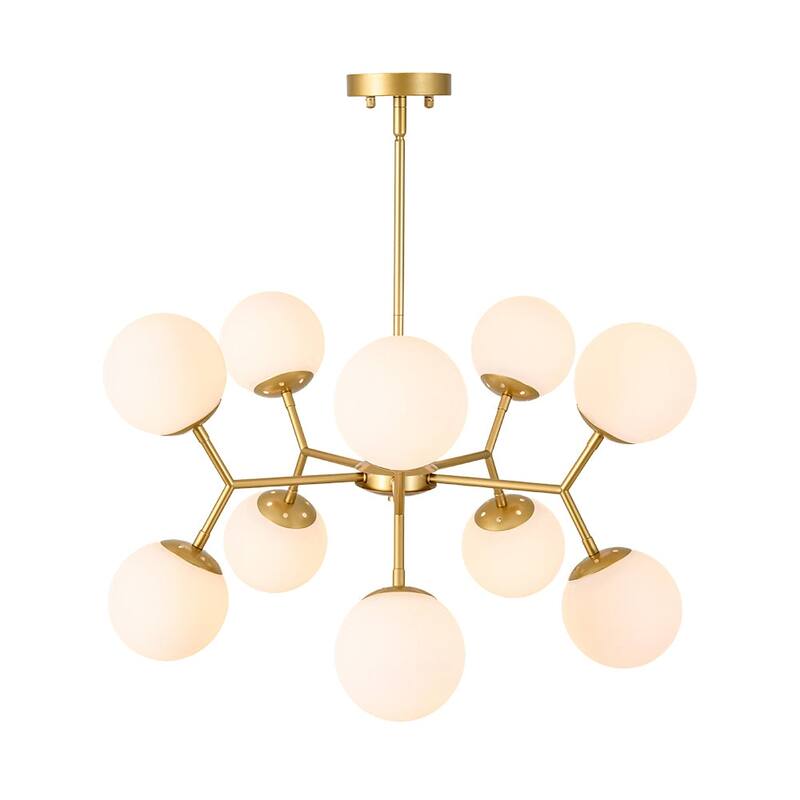 Mid-Century 10-Light Milky Glass Globe Round Branched Chandelier