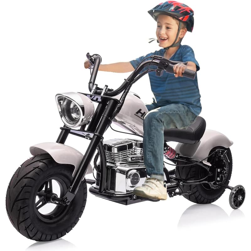 36V Kids Electric Dirt Bike, Ride On Electric Motorcycle with Training Wheels - White