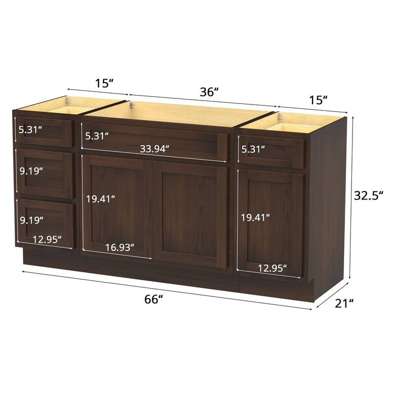 Vanity Art 66" Oak Freestanding Bathroom Vanity Cabinet without Top
