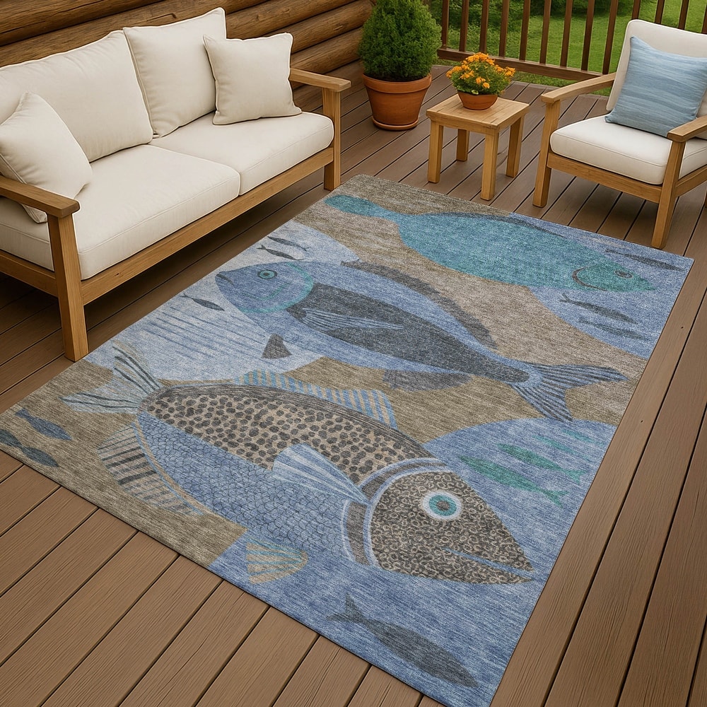 Machine Washable Indoor/ Outdoor Modern Fish Chantille Rug