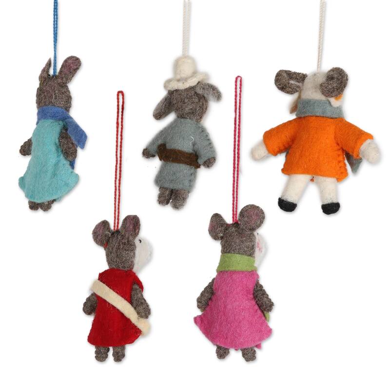 Novica Handmade Caroling Bunnies Wool Felt Ornaments (Set Of 5)