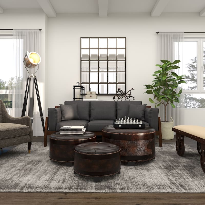 Dark Brown Wooden Storage Ottoman with Tufted Top (Set of 3)