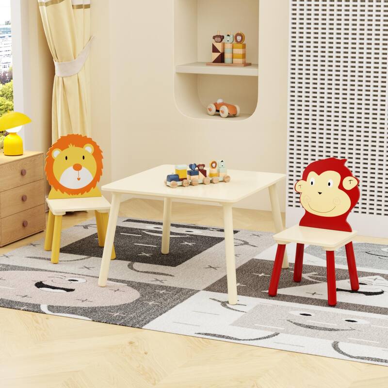 Anmytek Toddler 3-Piece Wooden Table and Chair Set Kids Activity Desk with Animal Backrest for Playroom Nursery - Natural