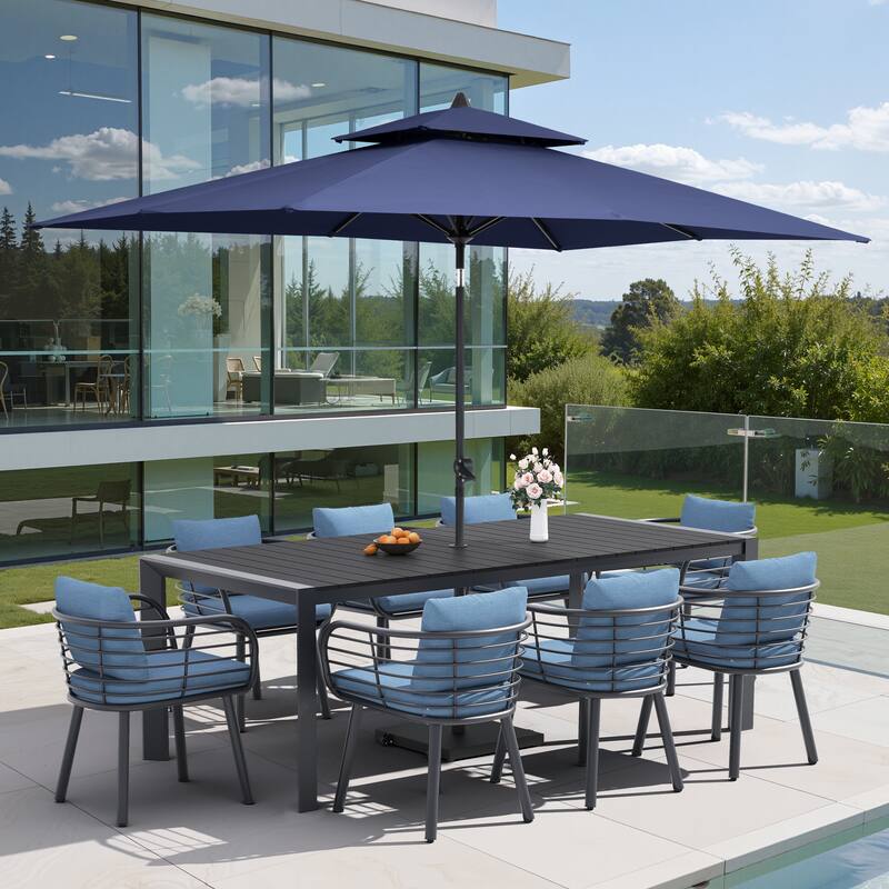 9/11-Piece Outdoor Dining Set w/10 ft Umbrella and Base Aluminum Dining Table and Chairs with Sunbrella Cushions