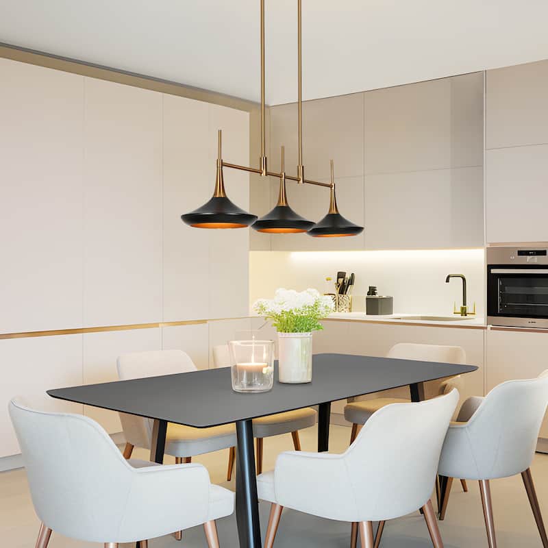 Conia Modern 3-Light Linear Chandelier Black Gold Island Pendant Lights - 34.6"Wx9"Dx11.8"H