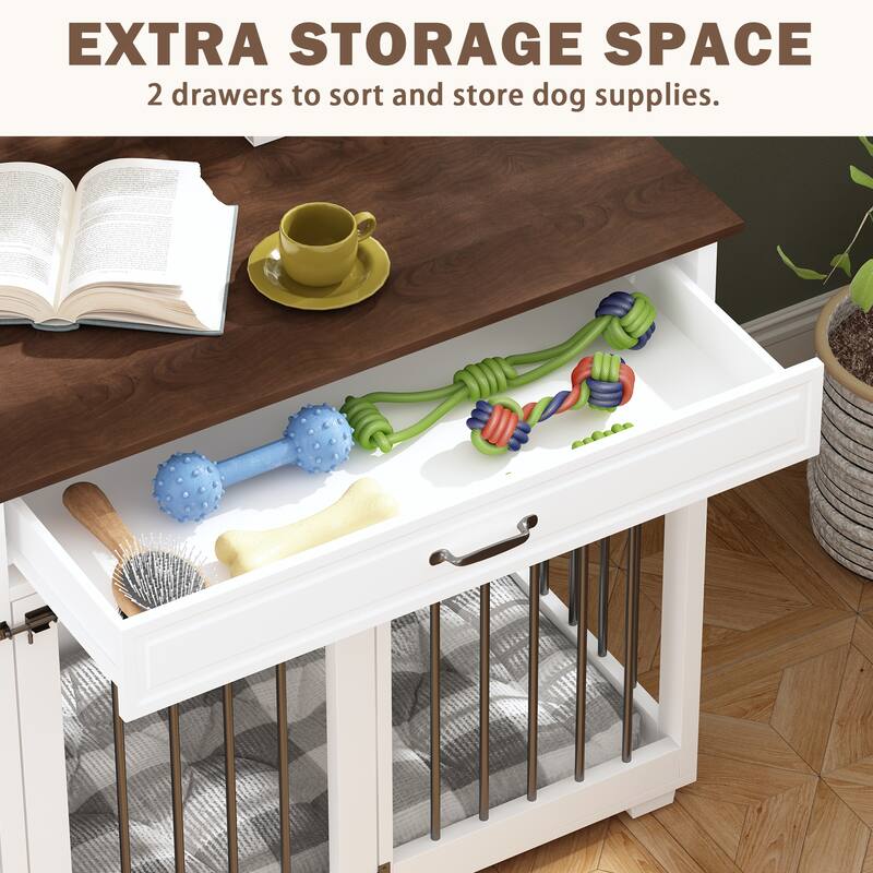 Wooden Dog Crate Furniture with Dual Compartments and Drawers - White