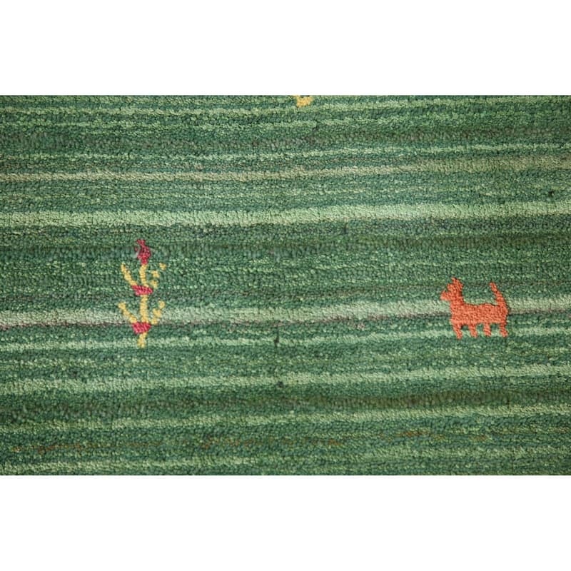 Striped Green Gabbeh Oriental Area Rug Handmade Silk Carpet - 9'1"x 11'5"