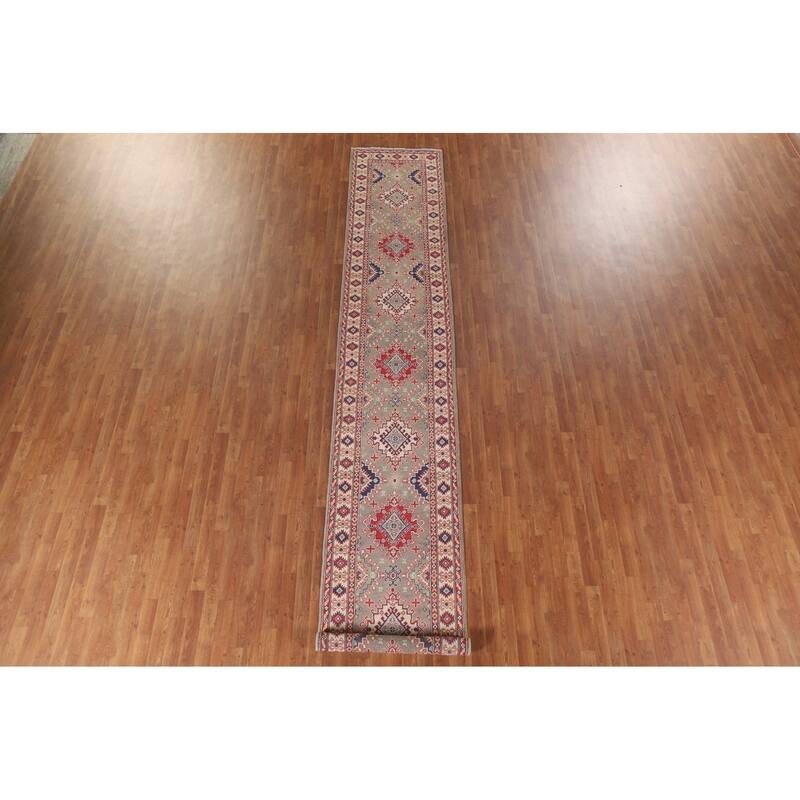 Hand Knotted Oriental 100% Wool Carpet Traditional Geometric Brown Kazak Runner Rug - 15' 11'' X 2' 8''