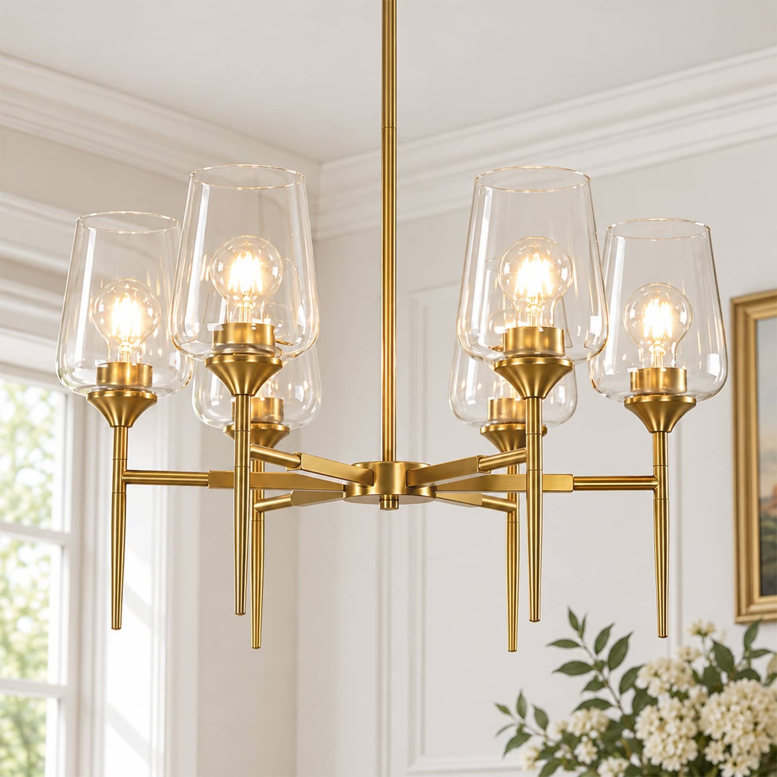 Rennnsan 6-Light Modern Transitional Clear Glass Chandelier for Dining Room - 24.8" W x 14.6" H