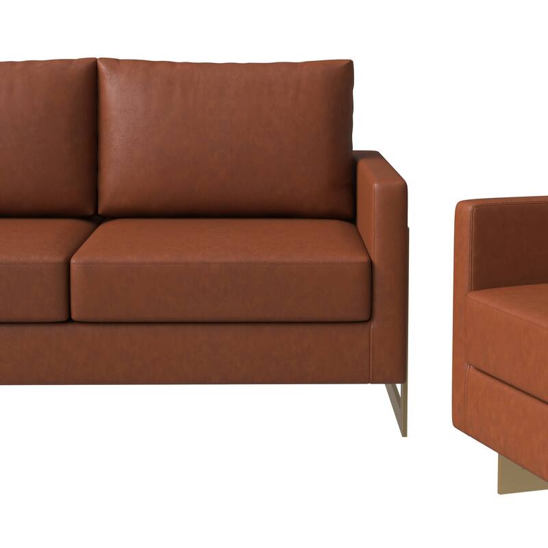 3-Piece Leather Sofa Set with Gold Stainless Steel Base and Removable Cushions