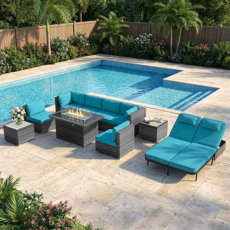 Outdoor Sectional Conversation Set PE Wicker with Double Chaise Lounge, 60,000 BTU Fire Pit Table - 10-Piece/Table - Teal