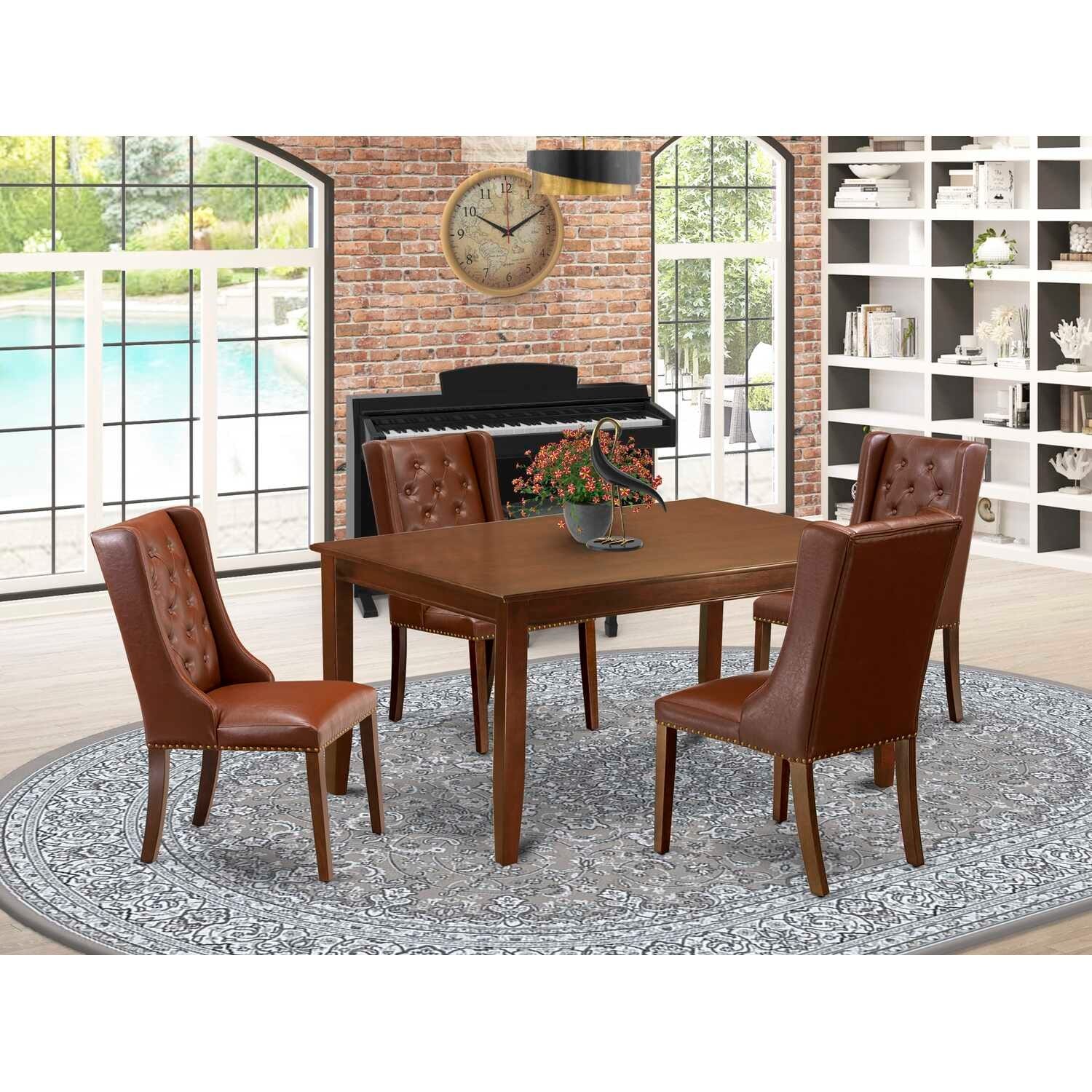 5-Piece Mahogany Finish Solid Wood Top - Button Tufted Dining Room Set - Seats 4