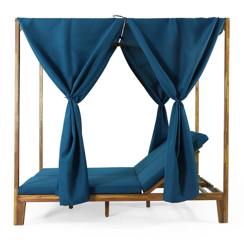 Kinzie Outdoor 2-seat Adjustable Acacia Daybed with Curtains by Christopher Knight Home - 51.25" L x 78.75" W x 78.75" H