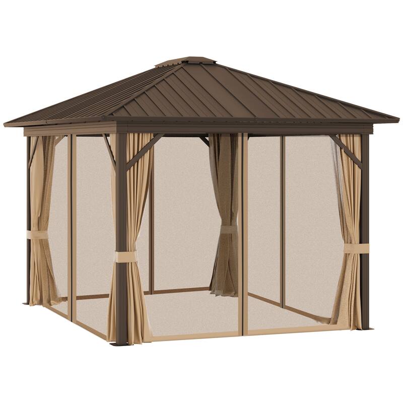 Outsunny 10' x 12' Outdoor Hardtop Gazebo Metal Roof Patio Gazebo with Aluminum Frame, Mesh Netting, Curtains, Brown