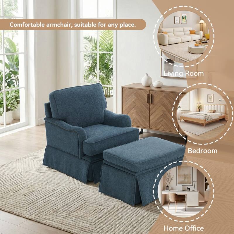 Chenille Swivel Accent Chair Storage Ottoman Set with Nailhead Trim Skirt