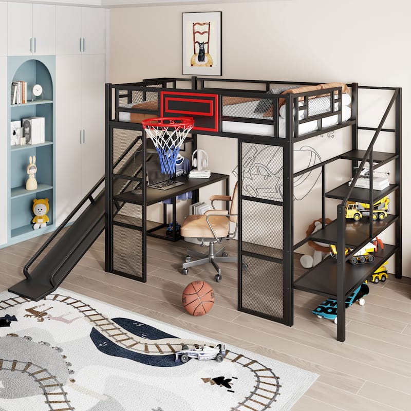 Full Size Metal Loft Bed with Built-in Desk, Wardrobe, Basketball Hoop, Slide, and Staircase