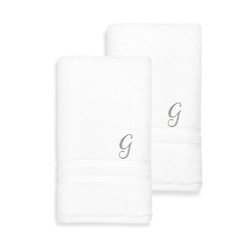 Authentic Hotel and Spa Omni Turkish Cotton Terry Set of 2 White Hand Towels with Grey Script Monogrammed Initial - G