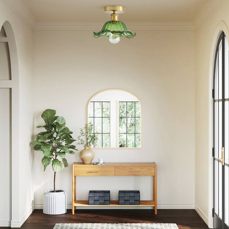 Modern Semi- Flushmount Ceiling Light with Green Tinted Glass and Electroplated Brass Finish