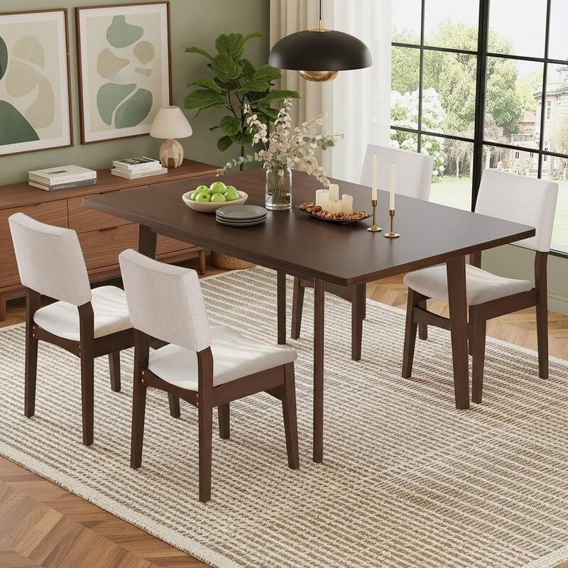 5-Piece Modern Wood Dining Set with Linen Upholstered Chairs by Harper&Bright Designs - Dark Walnut