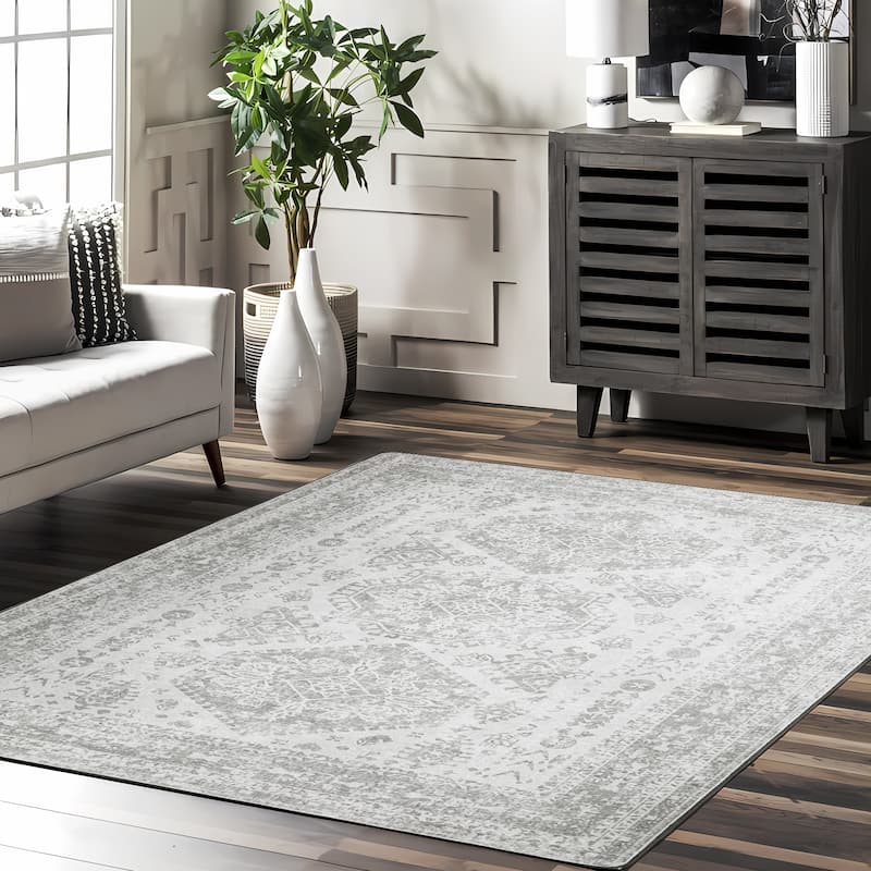 Mcow Floral Faded Low Pile Machine Washable Non-Slip Area Rug - 8'X10' - GREY - Rectangle