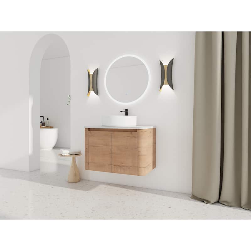 30'' Wall-Mounted Bathroom Vanity With Ceramic Art Sink & 2-Soft-Close Door, KD-Packing, Plywood