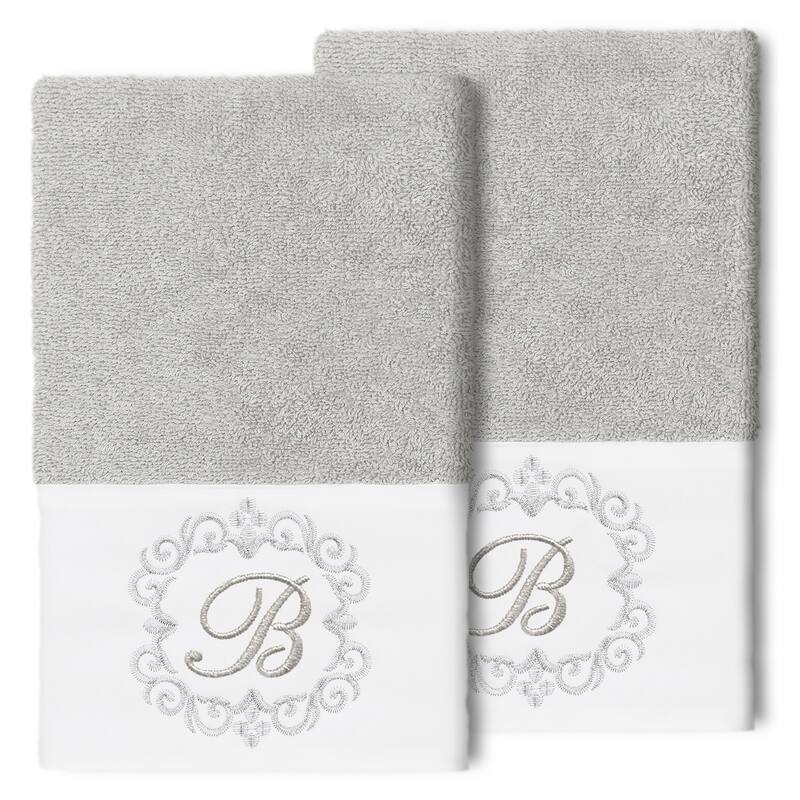 Authentic Hotel and Spa 100% Turkish Cotton Monica 2PC Embellished Hand Towel Set - B - Light Gray