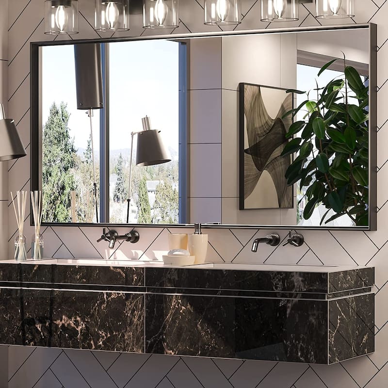 KEONJINN Modern Metal Framed Bathroom Vanity Wall Mounted Mirror - 60x30 - Black