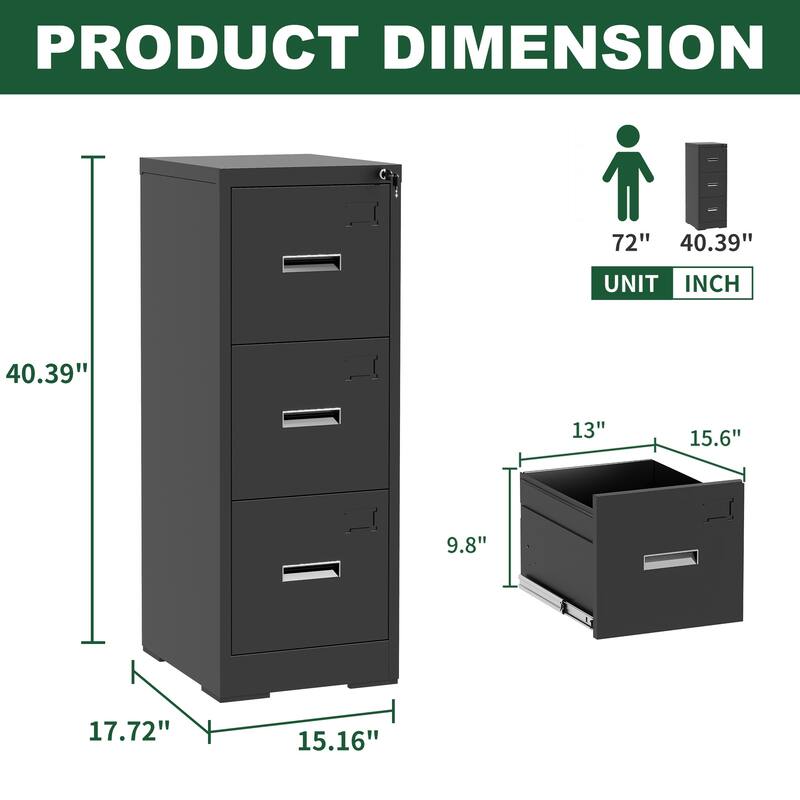 3 Drawer Metal Vertical File Cabinet with Lock and Card Slot File Cabinet for A4 Legal/Letter Size Narrow File Cabinet Locked