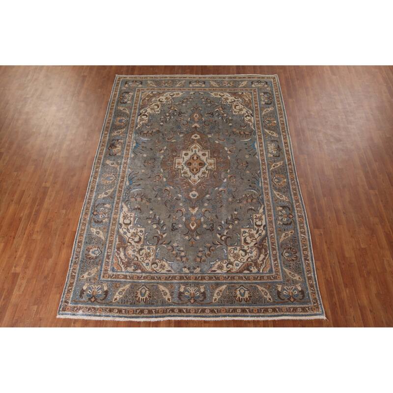 Gray Distressed Tabriz Vintage Persian Area Rug Handmade Wool Carpet - 7'7" x 11'2"
