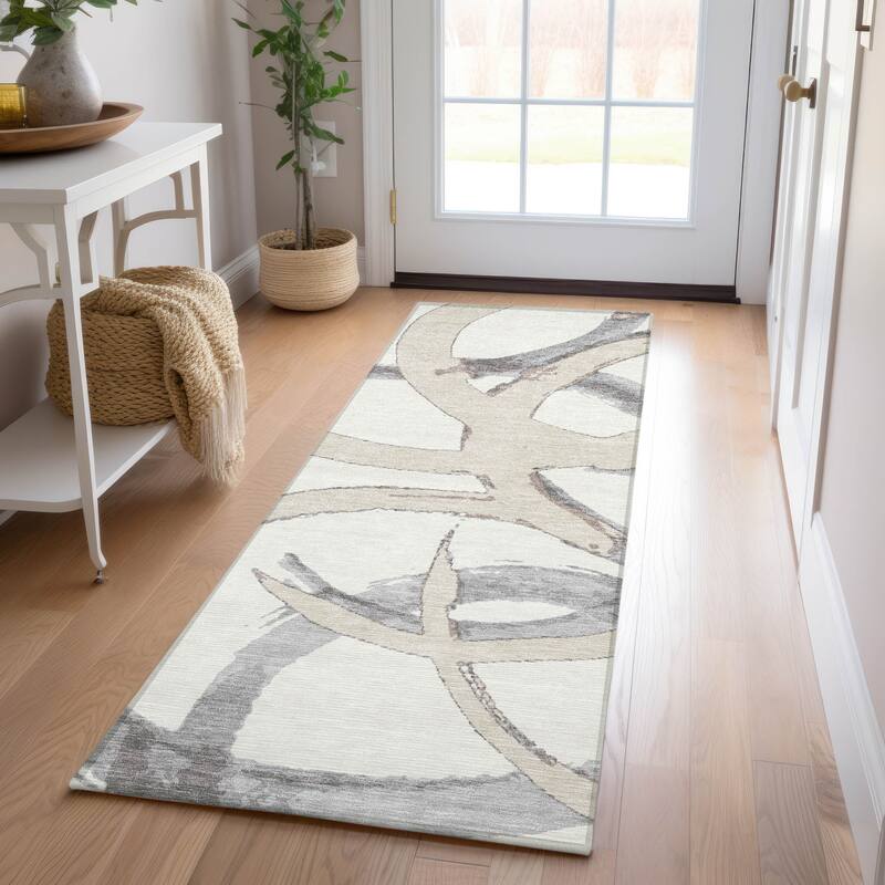 Machine Washable Indoor/ Outdoor Abstract Contemporary Chantille Rug