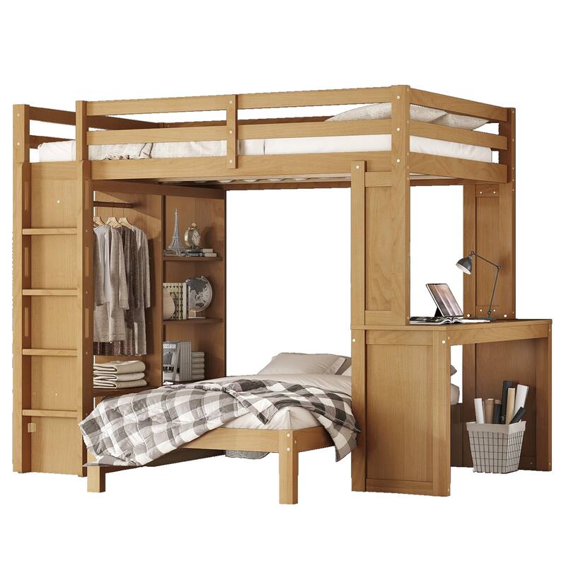 Roomfitters Full/Queen Solid Wood Bunk Bed with Dismountable Lower Bed, Desk, Shelves & Wardrobe, Convertible Loft