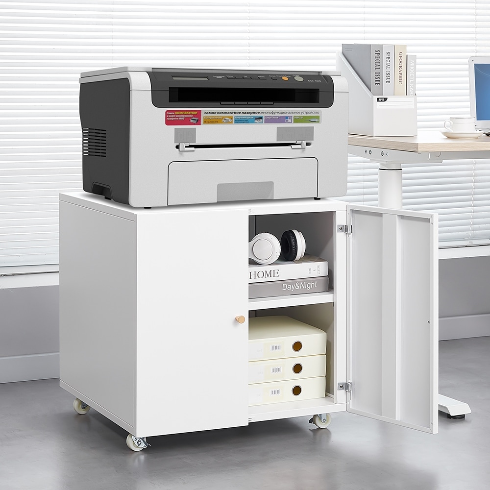 Metal Printer Stand with Storage Mobile Printer Tables for Small Spaces with Door Adjustable Shelf File Cabinet on Wheels(White)