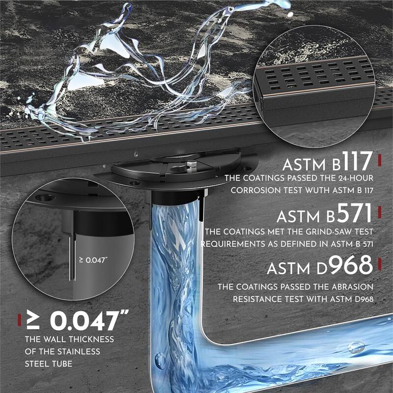 12-Inch Linear Shower Floor Drain, Square Hole Grate - 12 inch