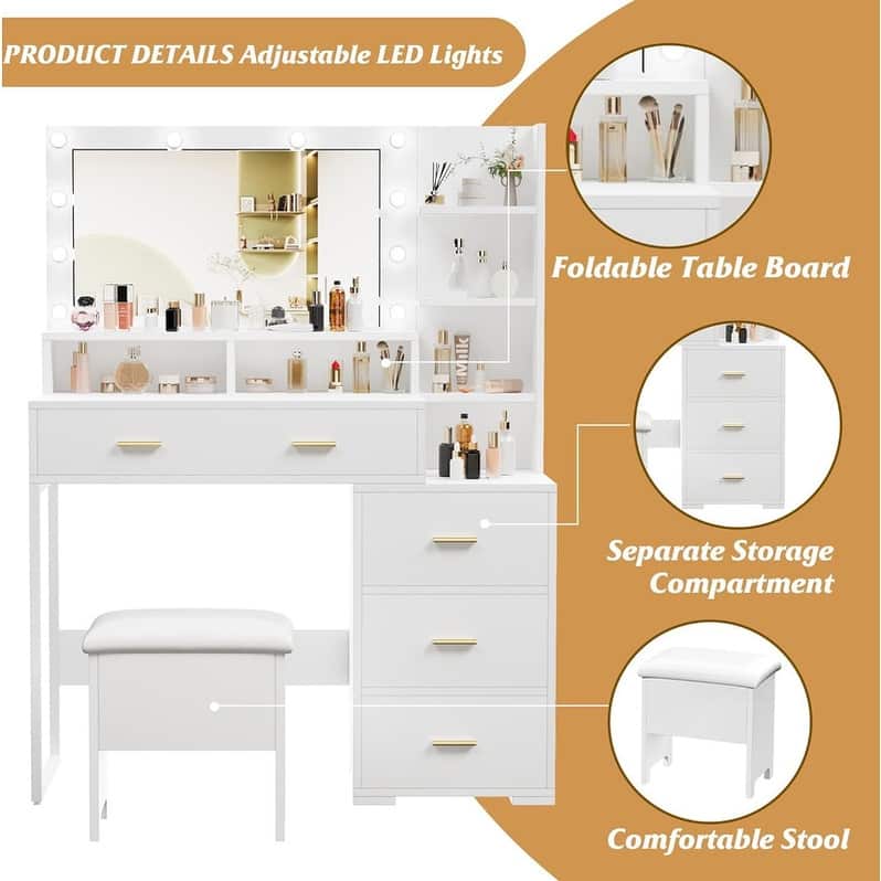 Vanity Desk with Mirror & 9 LED Lights - 5 Drawers and 3 Open Shelves