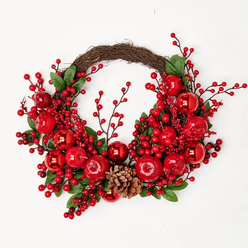 16" Apple Berries & Pine Cone Half Wreath - Multicolor