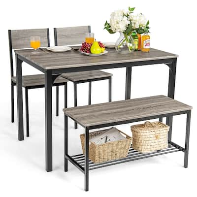 Gymax 4pcs Dining Table Set Rustic Desk 2 Chairs & Bench w/ Storage - See Details