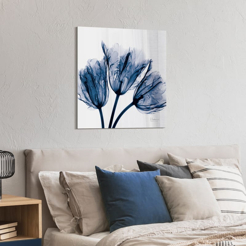 "Blue Tulip x-ray" Flower Wall Art on Frameless Free Floating Tempered Glass Panel