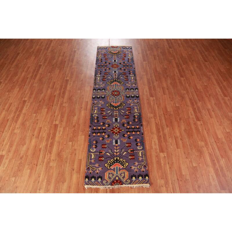 Hand Knotted Oriental 100% Wool Carpet Transitional All-Over Purples Oushak Runner Rug - 9' 10'' X 2' 7''