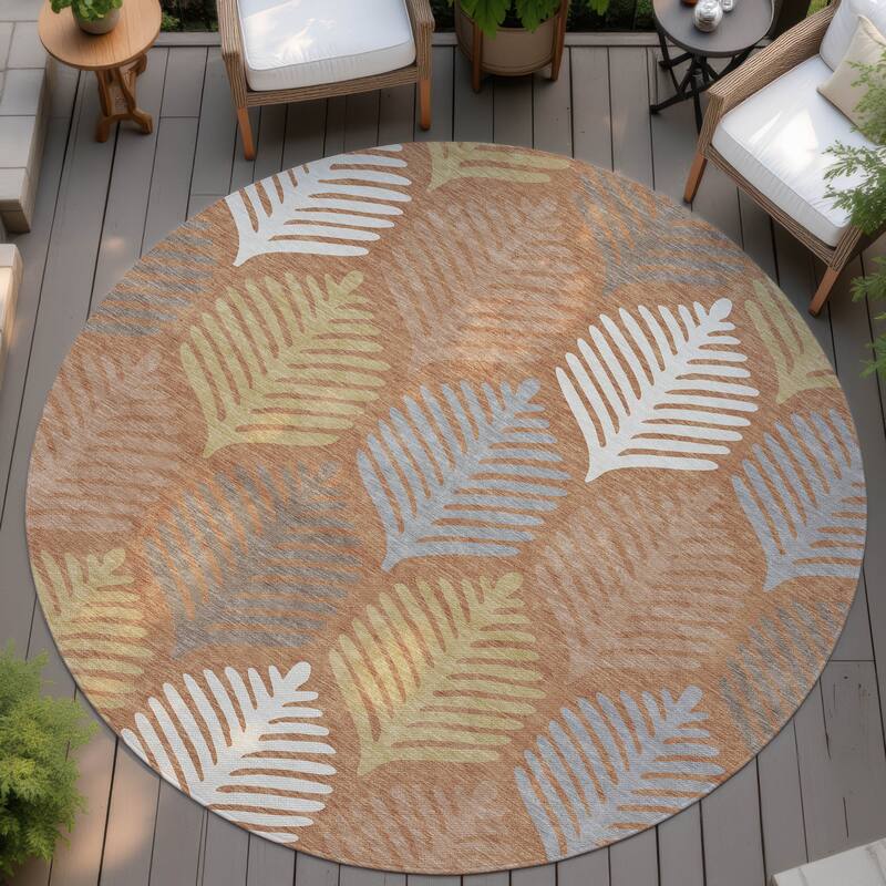 Machine Washable Indoor/ Outdoor Modern Fern Chantille Rug - Paprika - 8' x 8'