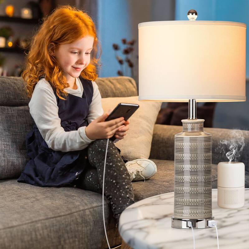25'' Gray Ceramic Table Lamp with USB & Type-C Ports, 3-Stage Touch Switch (Set of 2) - 12.5'' x 12.5'' x 25''