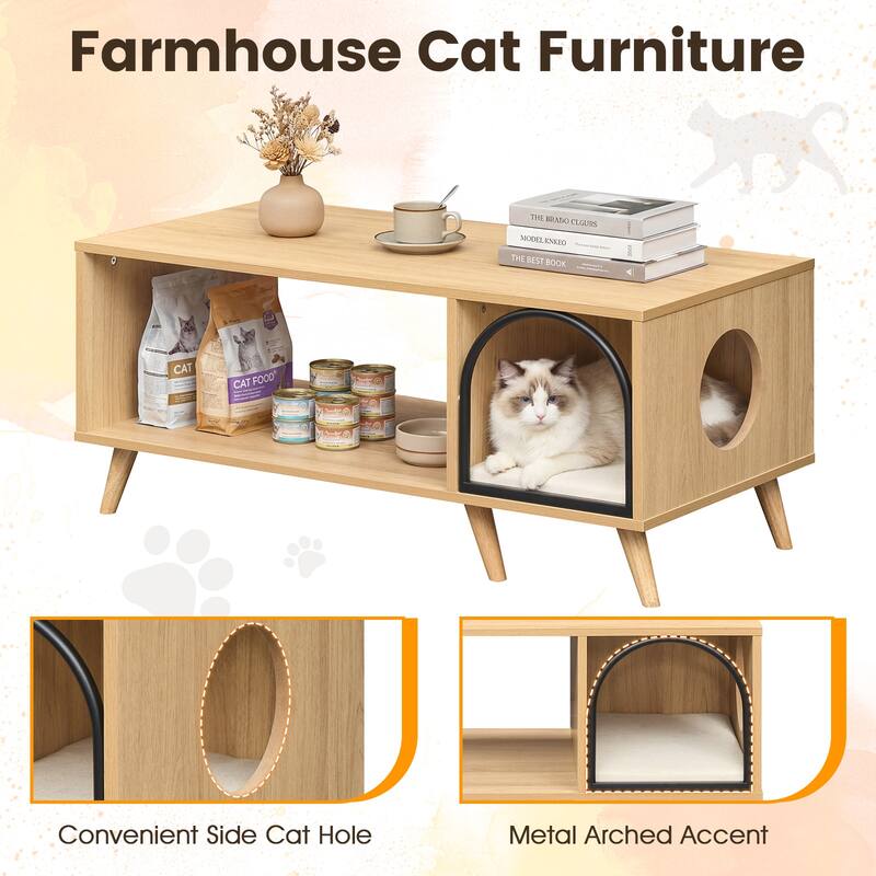 Gymax 40'' Coffee Table w/ Cat House 2-in-1 Farmhouse Cat Furniture