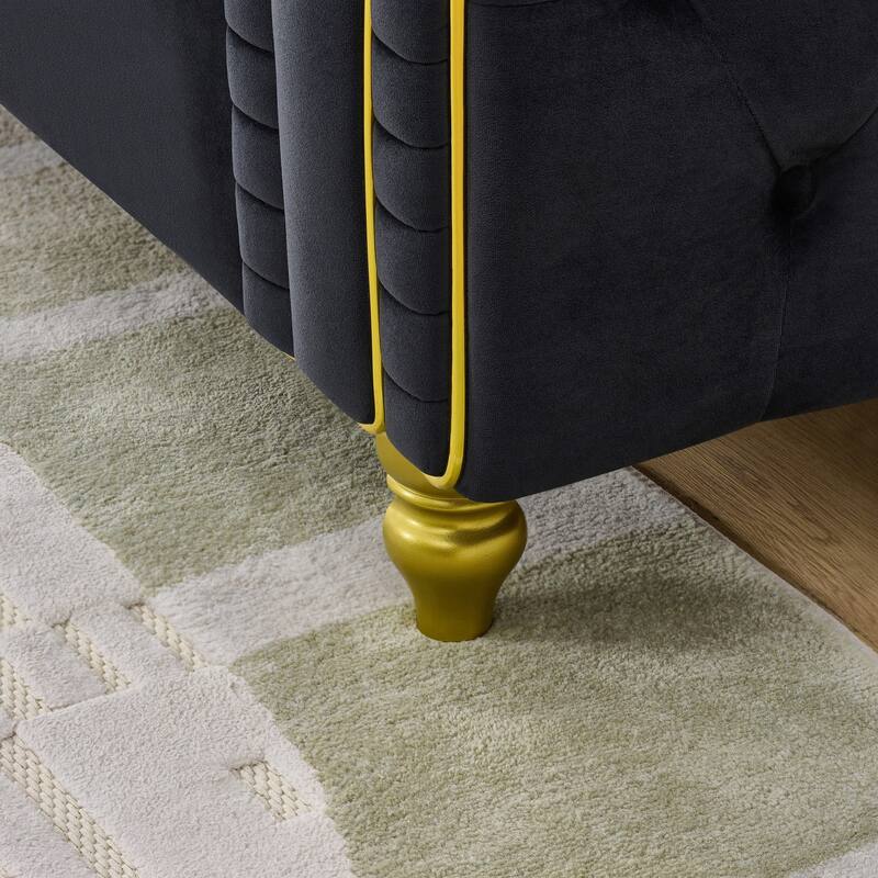 Roomfitters 63" Modern Upholstered Chesterfield Loveseat with Gold Trim, Button Back 2-Seater Couch for Small Spaces