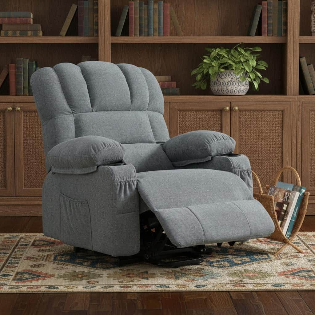 HomeRoots 39" Blue Faux Leather Leather Heated Massage Lift Assist Recliner With USB