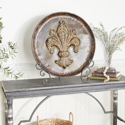 Brown Metal Embossed Detail Fleur De Lis Charger with Stand