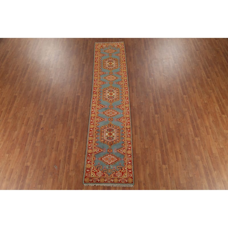 Geometric Viss Indian Runner Rug Handmade Wool Carpet - 2'7"x 11'9"